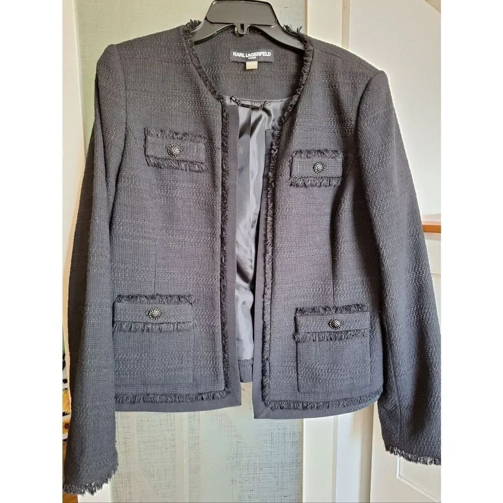 Karl Lagerfeld SZ 16 Black Tweed Open Jacket Fringe Edges